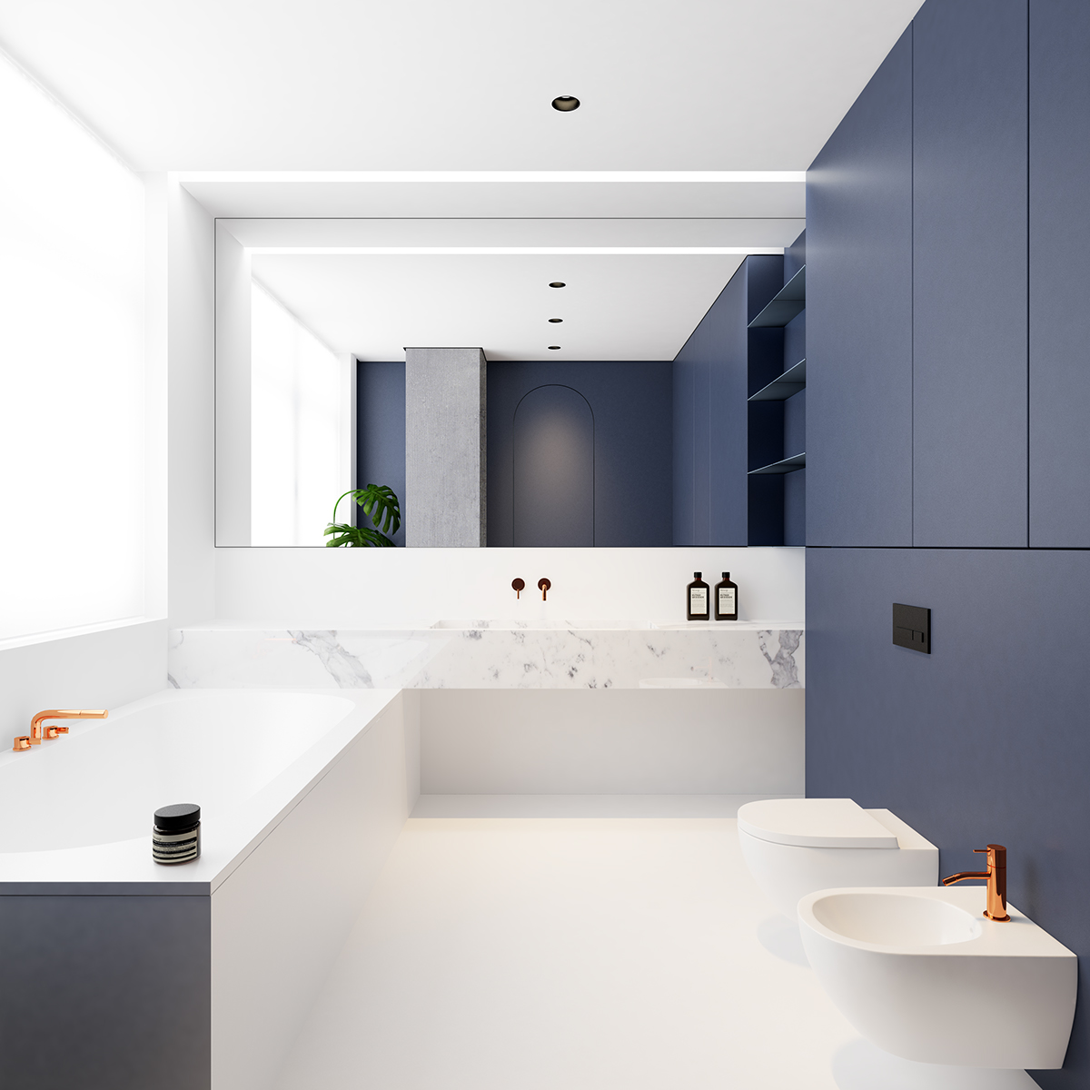 Architect Emil Dervish koos voor deze color blocking badkamer voor een mooi pallet van blauw, wit en koper.