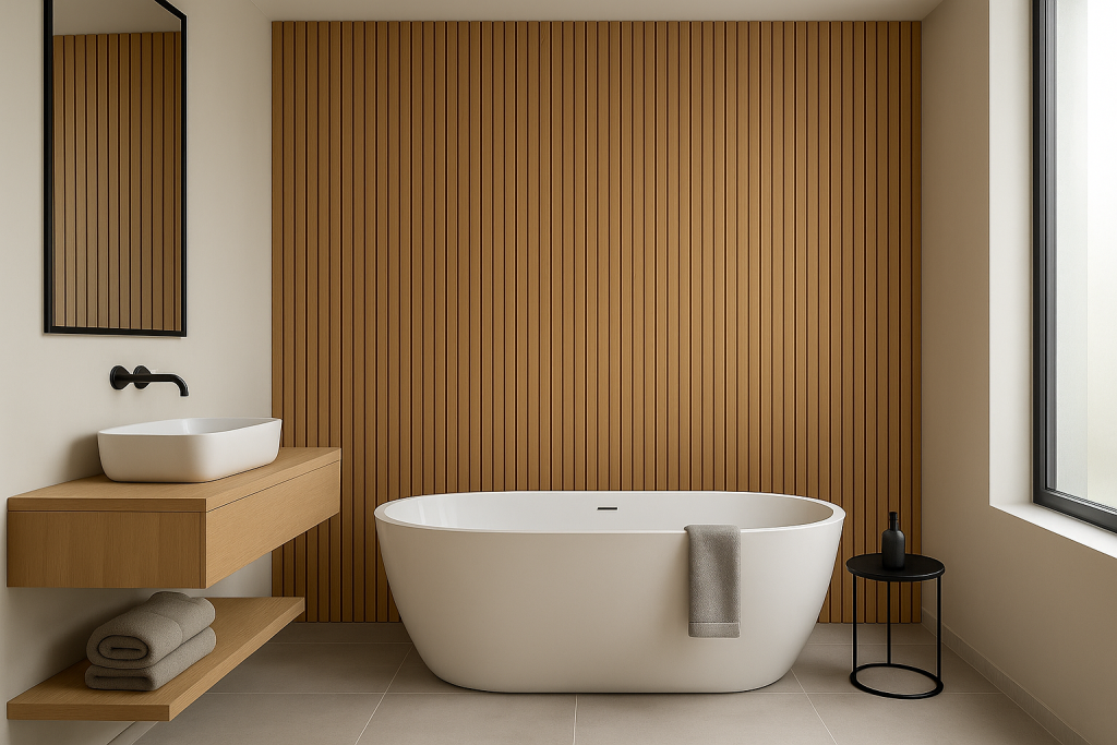 hotel chique badkamer houten wandpanelen