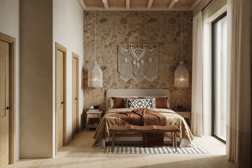 natuurlijke stenen muur verfijnde boho accenten slaapkamer