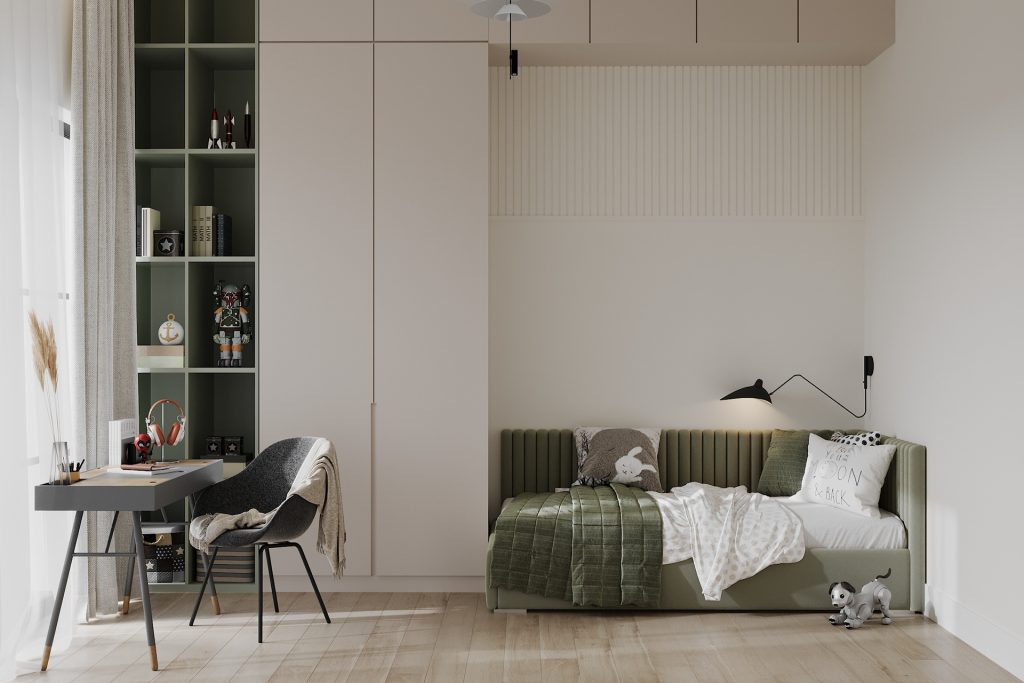 op maat gemaakte kastenwand jongenskamer groen bed