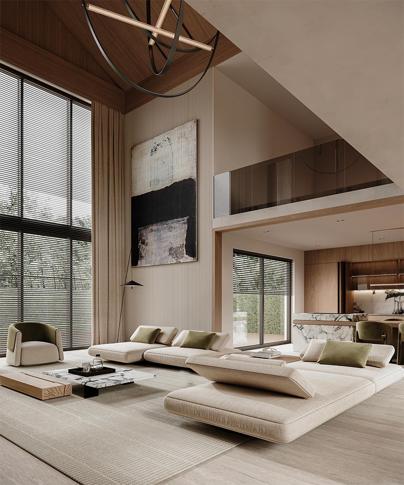 Een prachtige luxe woonkamer ontworpen door Esmaelabdelhamed, waar de grote raampartijen gedecoreerd zijn met een combinatie van houten jaloezieën en gordijnen.
